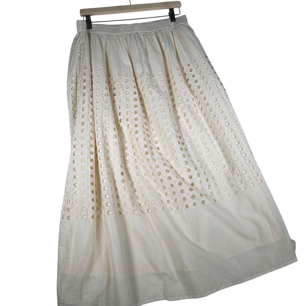 Jennifer & Grace Cream Cotton Eyelet Maxi Skirt Elastic Waist Boho Ivory Large